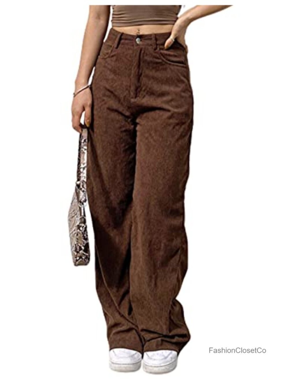 Women's Corduroy High Elastic Waist Wide Leg Pocketed Pants Trouser